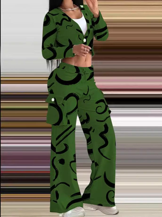 Women's Casual Set with Creative Print and Comfortable Pants