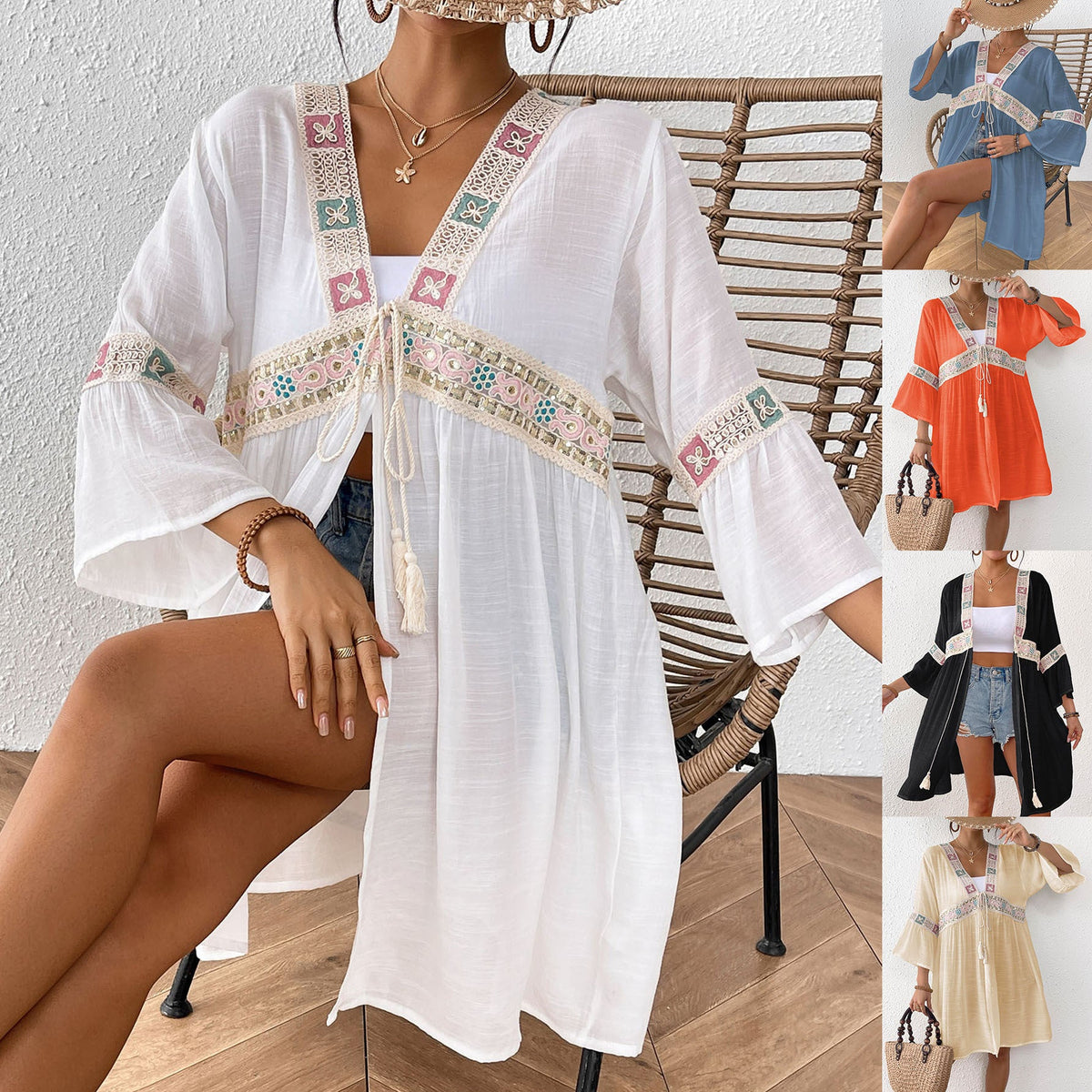 Women's Airy Beach Kimono with Floral Embroidery