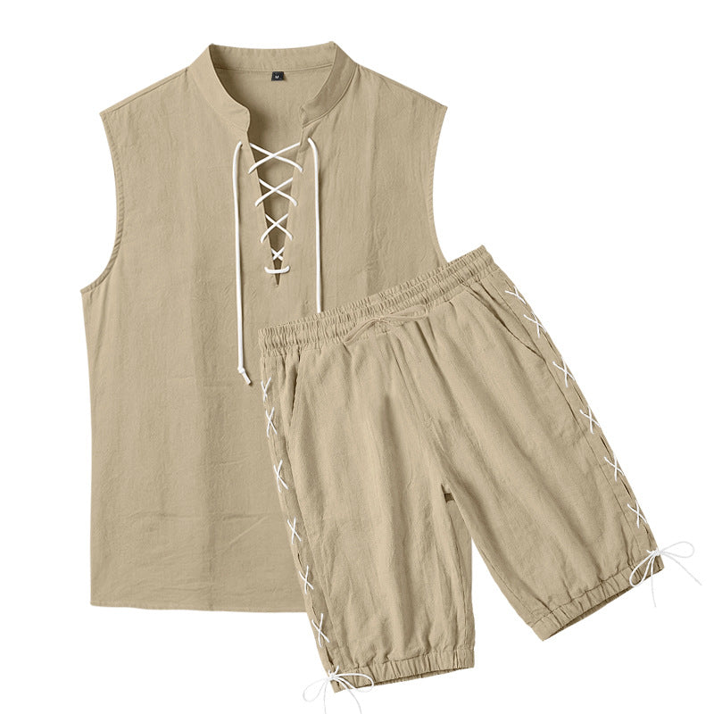Men's Sleeveless Leisure Set with Lace Collar and Drawstring Bermuda