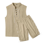 Men's Sleeveless Leisure Set with Lace Collar and Drawstring Bermuda