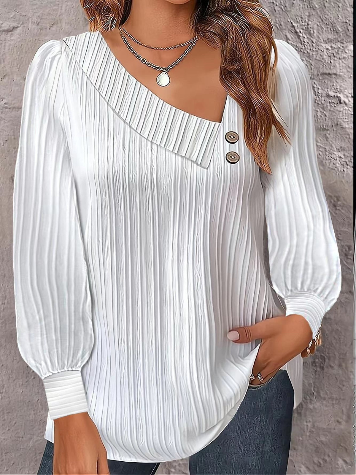 Women's Casual Blouse with Asymmetric Collar and Decorative Buttons