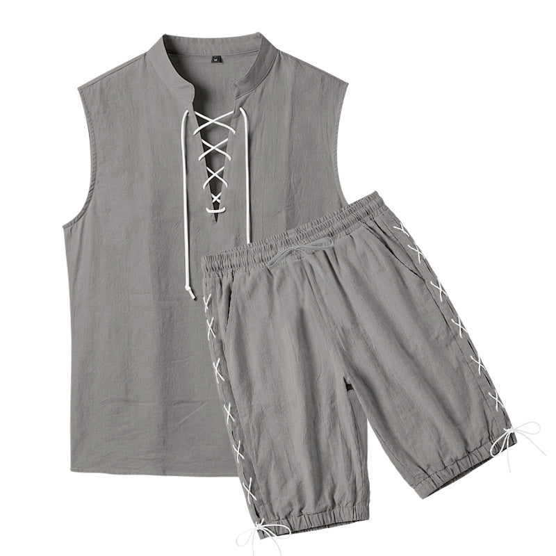 Men's Sleeveless Leisure Set with Lace Collar and Drawstring Bermuda