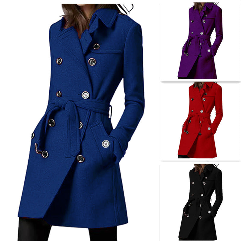 Women's Hooded Coat with Belt and Double-Breasted Button Placket