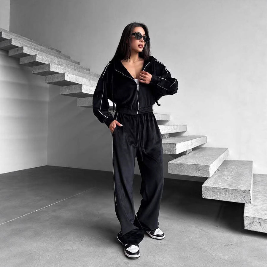 Women's Velour Loungewear Suit with Hood and Elastic Waistband
