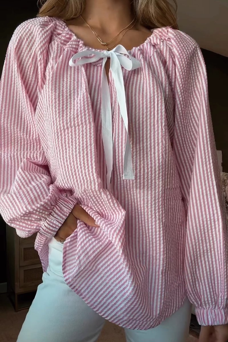 Blouse with Elastic Puff Sleeves and Decorative Tie