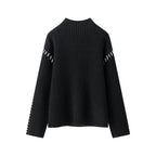 Women's Chunky Knit Sweater with High Collar and Decorative Details