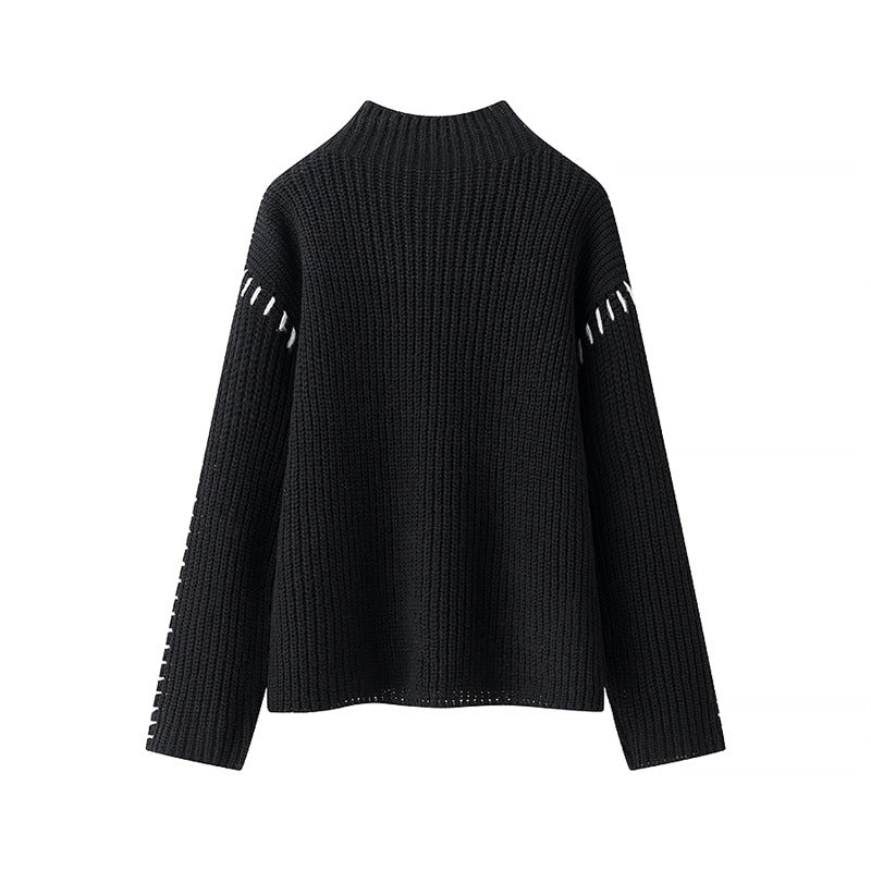 Women's Chunky Knit Sweater with High Collar and Decorative Details