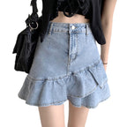 Women's Denim Skirt with Voluminous Ruffled Hem and Button Waist