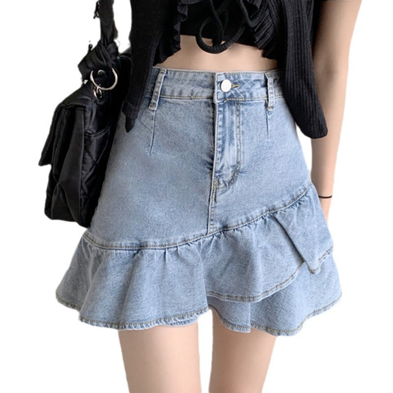 Women's Denim Skirt with Voluminous Ruffled Hem and Button Waist