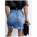 Women's High-Waisted Denim Skirt with Frayed Hem