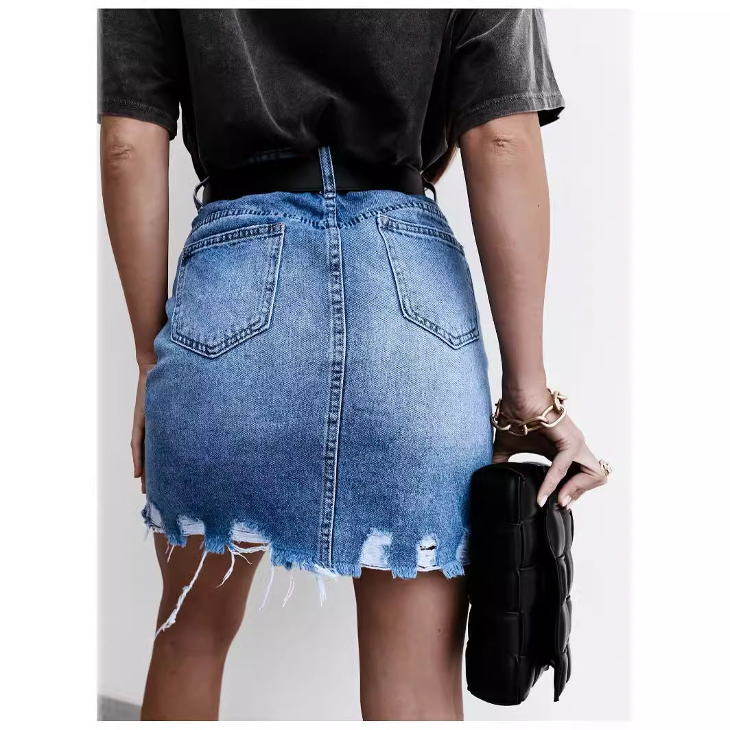 Women's High-Waisted Denim Skirt with Frayed Hem