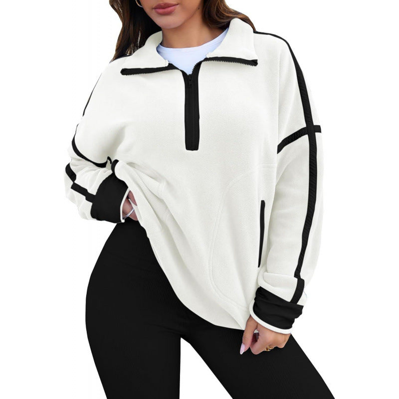 Women's Fleece Pullover with Half Zipper and Contrasting Sleeves