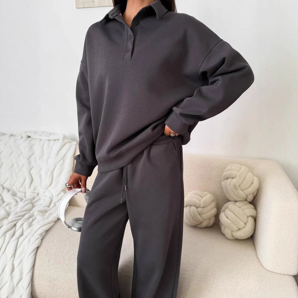 Women's wide Polo lounge set with elastic drawstring waistband and wide-leg jogging pants