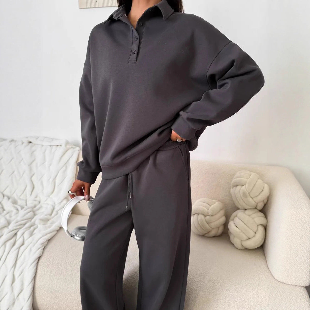 Women's wide Polo lounge set with elastic drawstring waistband and wide-leg jogging pants
