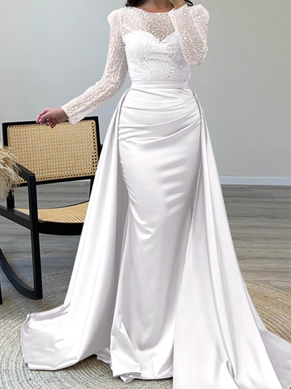 Women's Evening Dress with Sequined Bodice and Satin Skirt