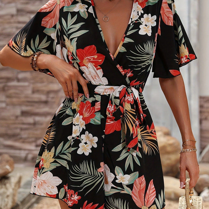 Women's Jumpsuit with Floral Design and Wide Sleeves