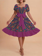 Women's A-Line Dress with Floral Motifs and Adjustable Belt