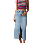 Women's Casual Denim Skirt with Side Slit and Frayed Hem