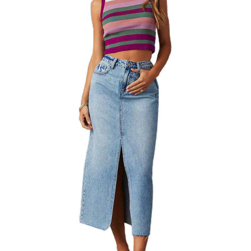 Women's Casual Denim Skirt with Side Slit and Frayed Hem