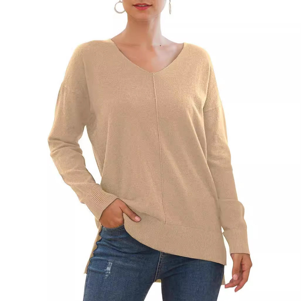 Elegant V-Neck Sweater with Asymmetrical Hem