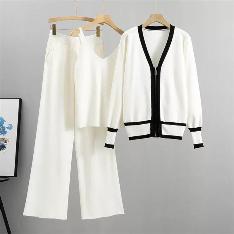 Women's Casual Knit Loungewear Set with Zip Cardigan and Wide-Leg Pants