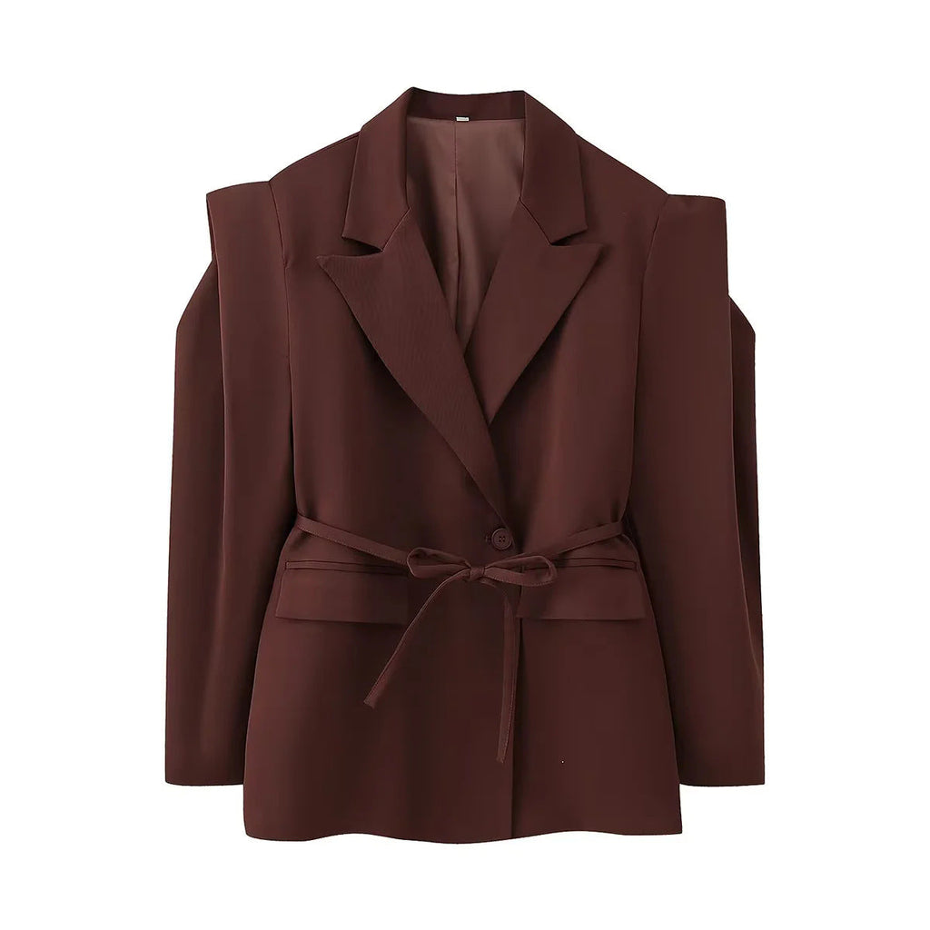 Women's Elegant Oversized Blazer Jacket with Belt and Shoulder Pads