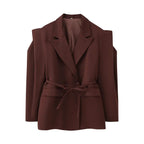 Women's Elegant Oversized Blazer Jacket with Belt and Shoulder Pads