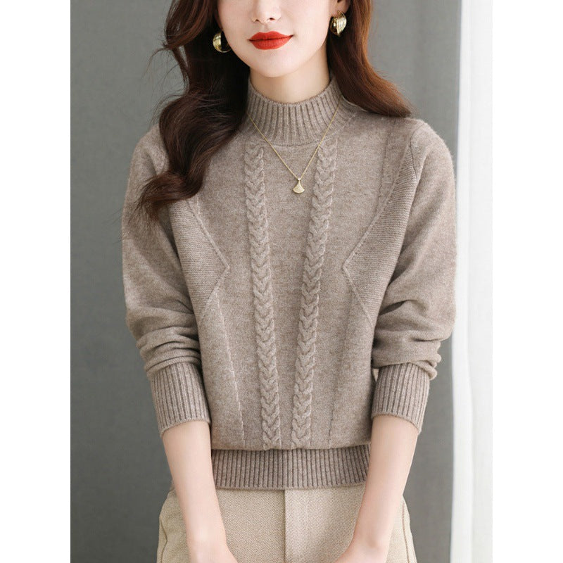 Women's Chunky Knit Sweater with Cable Pattern and High Neck