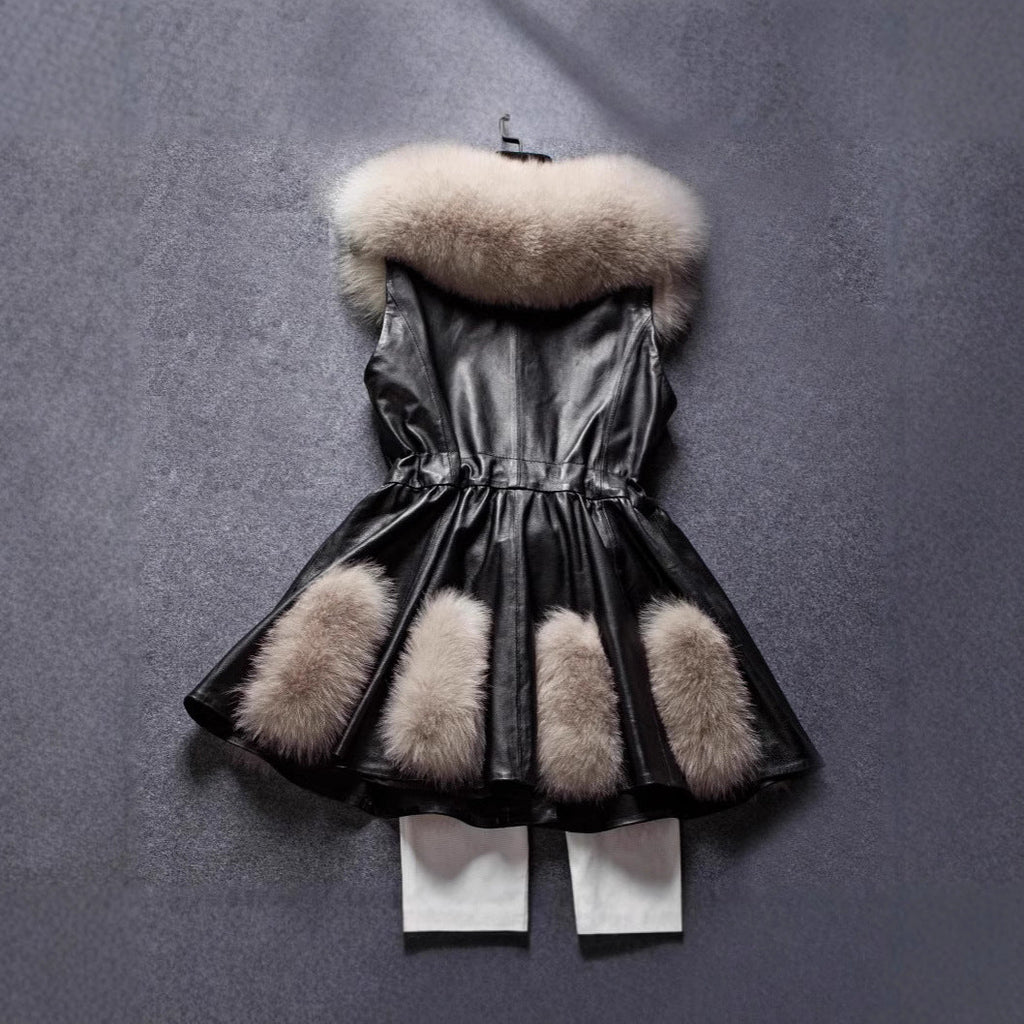 Women's Elegant Faux Leather Coat with Faux Fur Accents and Belt
