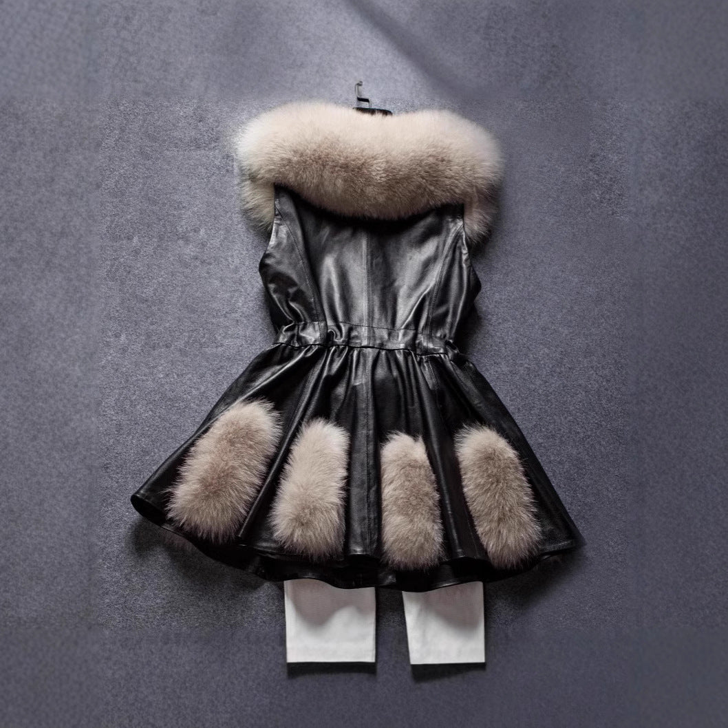 Women's Elegant Faux Leather Coat with Faux Fur Accents and Belt