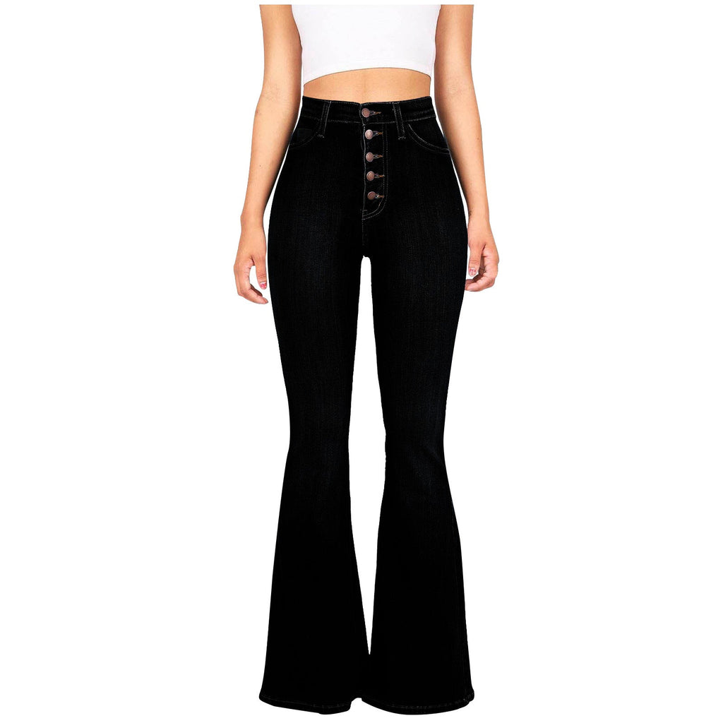 Women's High-Waisted Flared Jeans with Decorative Button Placket