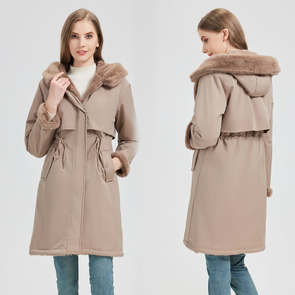 Women's Elegant and Warm Parka with Detachable Faux Fur Collar and Practical Lacing Details