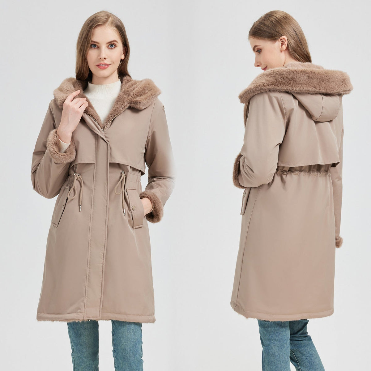 Women's Elegant and Warm Parka with Detachable Faux Fur Collar and Practical Lacing Details