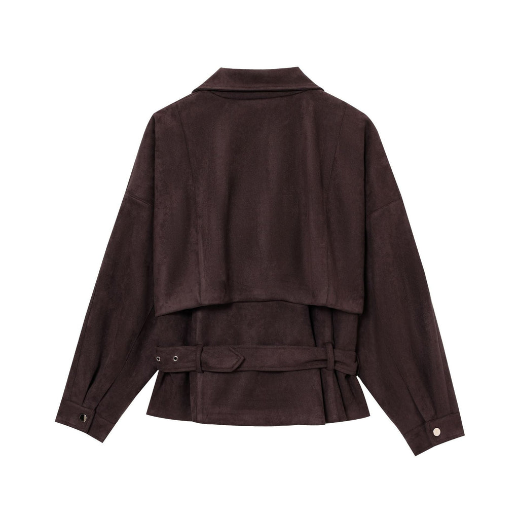 Elegant Suede Jacket with Zippers and Waist Belt