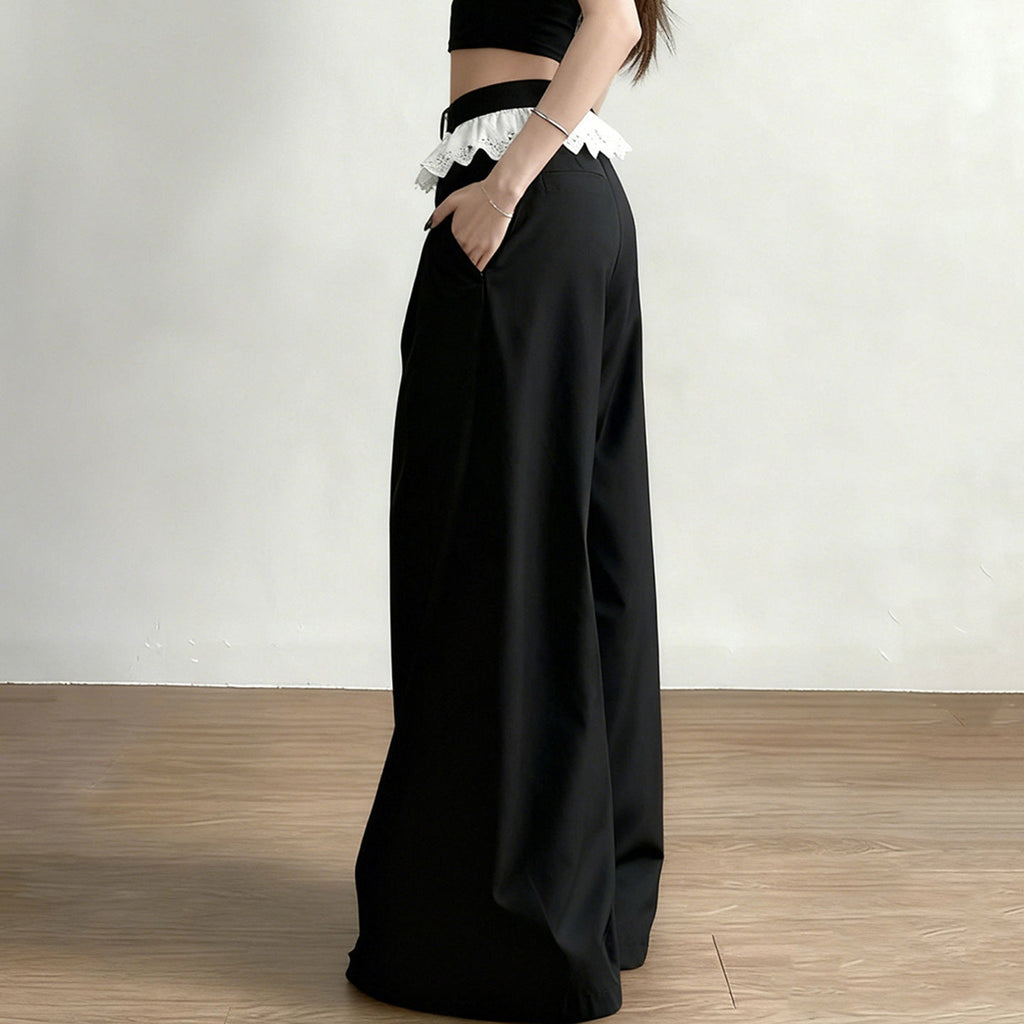 Elegant Wide-Leg High-Waist Pants with Lace Trim