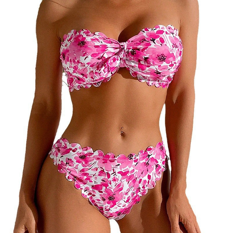 Women's Bandeau Bikini with Floral Embroidery
