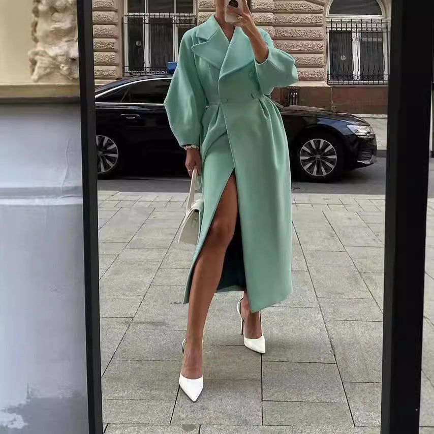 Women's Elegant Trench Coat with High Slit and Puff Sleeves