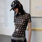 Women's Form-Fitting Polka-Dot T-Shirt with Playful Animal Design