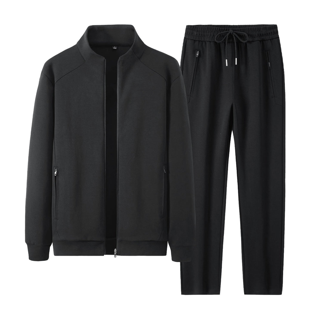 Men's two-piece minimalist jogging set with stand-up collar, two-way zipper & zip pockets