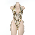 Women's Swimsuit with Deep Neckline and Playful Wrap Design