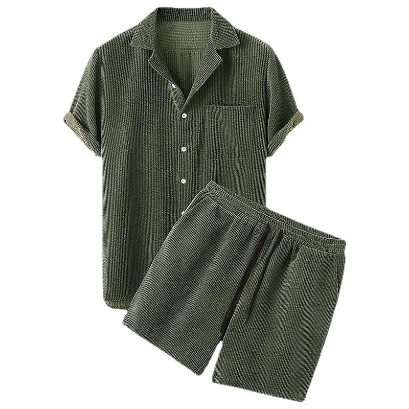 Men's short-sleeve leisure set with waffle texture, lapel collar and drawstring pants