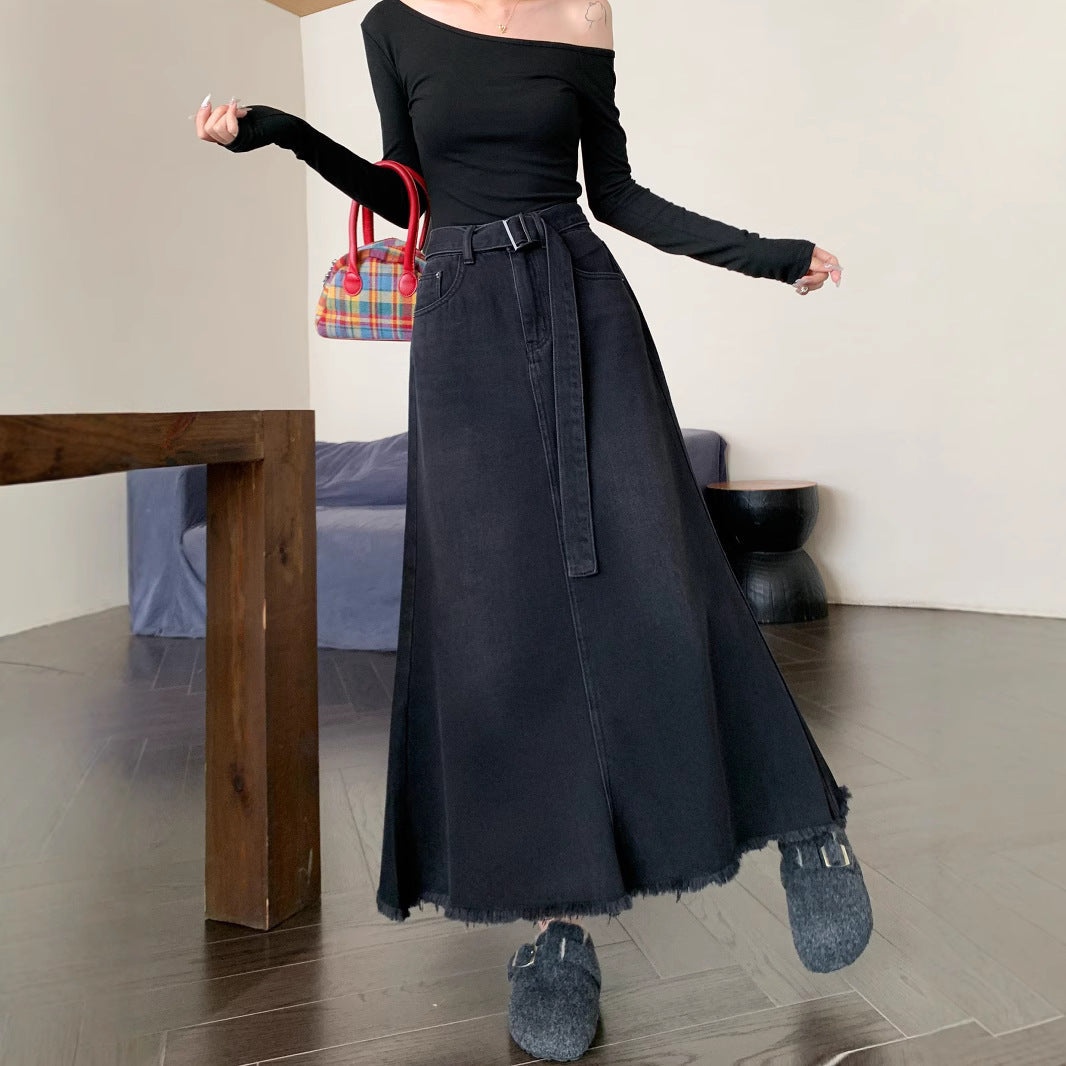 Women's Maxi Skirt with Casual Belt and Frayed Hem