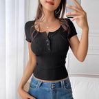 Women's Fitted Short-Sleeve Ribbed Shirt with Button Placket