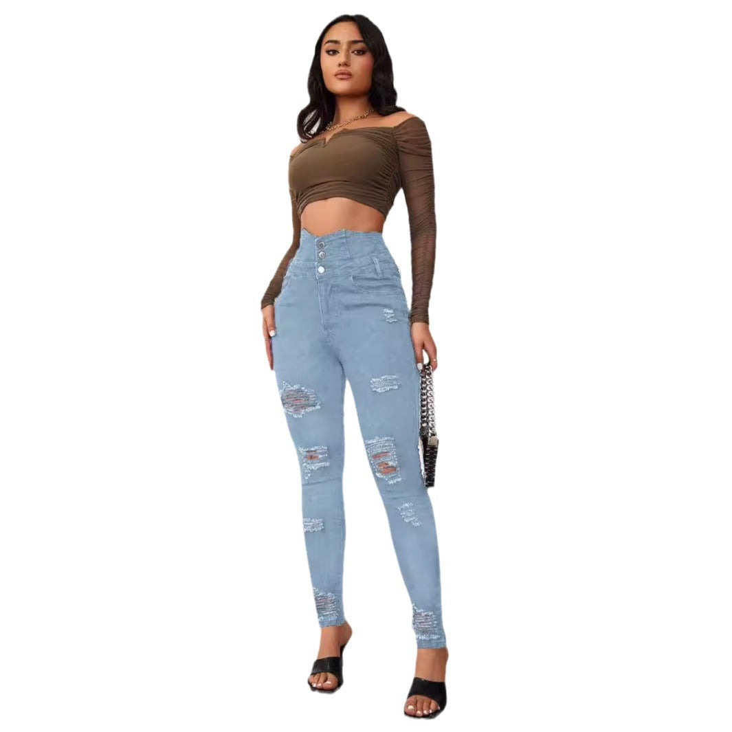 High-Waist Jeans with Distressed Details