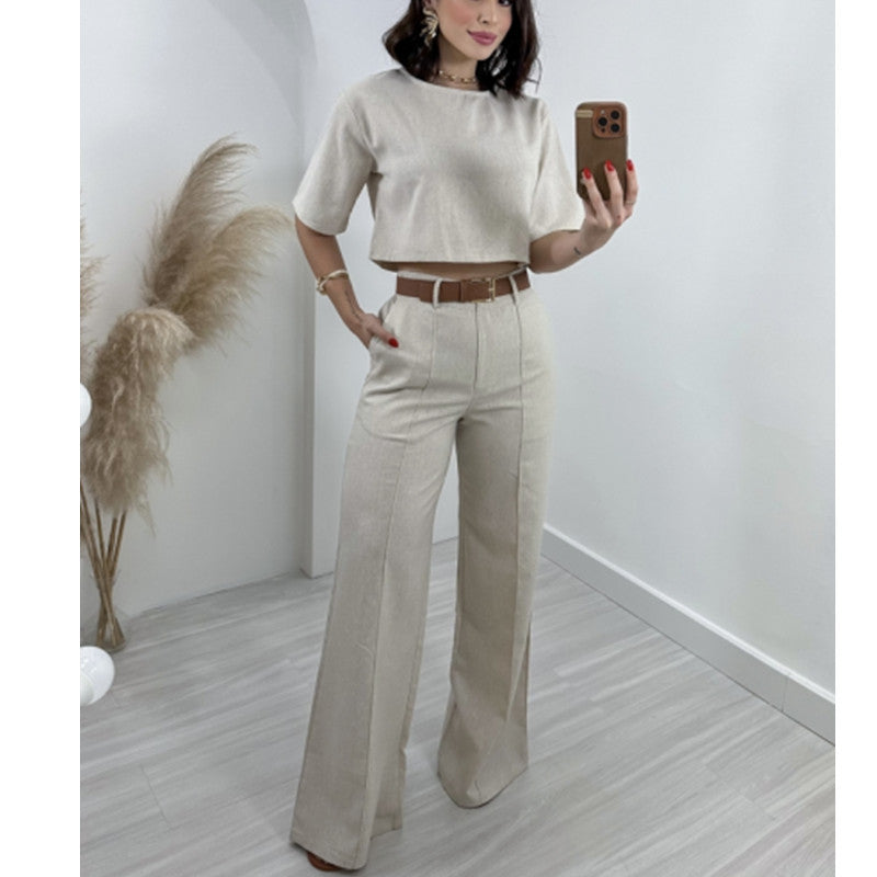 Women's Fashionable Crop Top and Wide-Leg Trousers Set