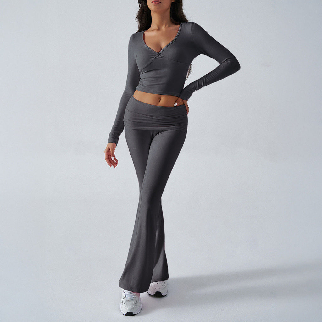 Women's form-fitting yoga set with high waist and V-neck