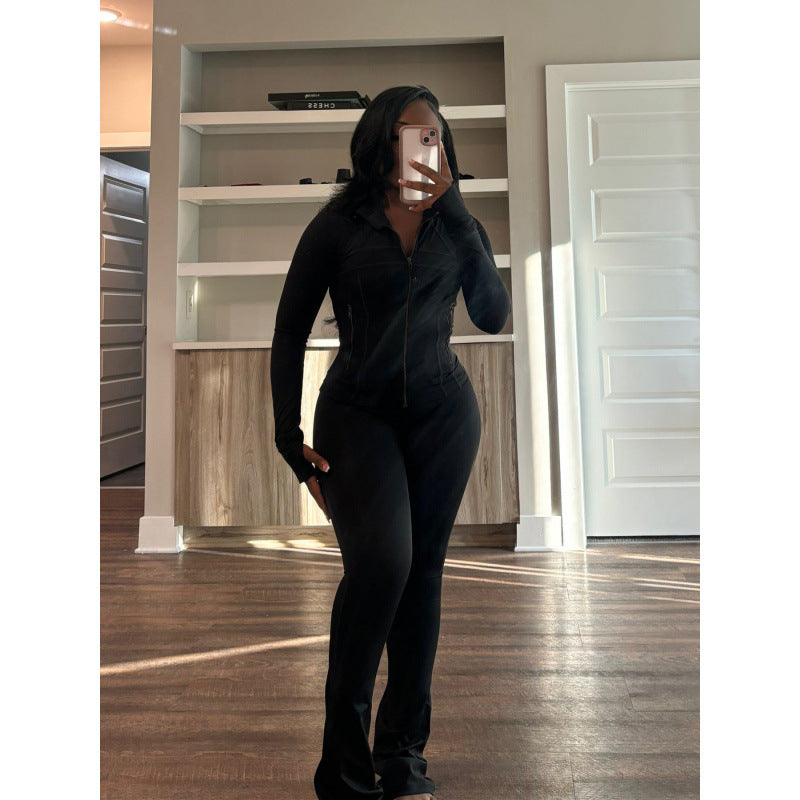 Women's Form-Fitting Jumpsuit with High Collar and Full-Length Zipper