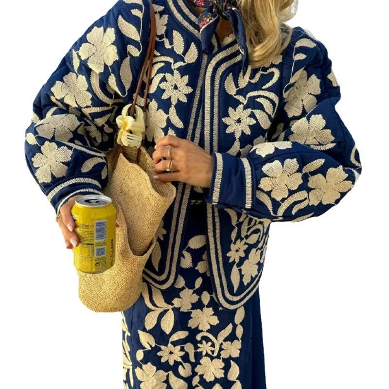 Women's Embroidered Cotton Jacket with Floral Design and Soft Lining