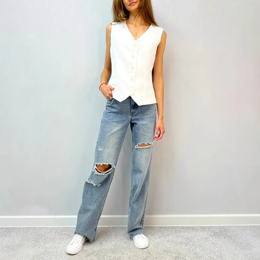 Sleeveless Blouse with Button Placket