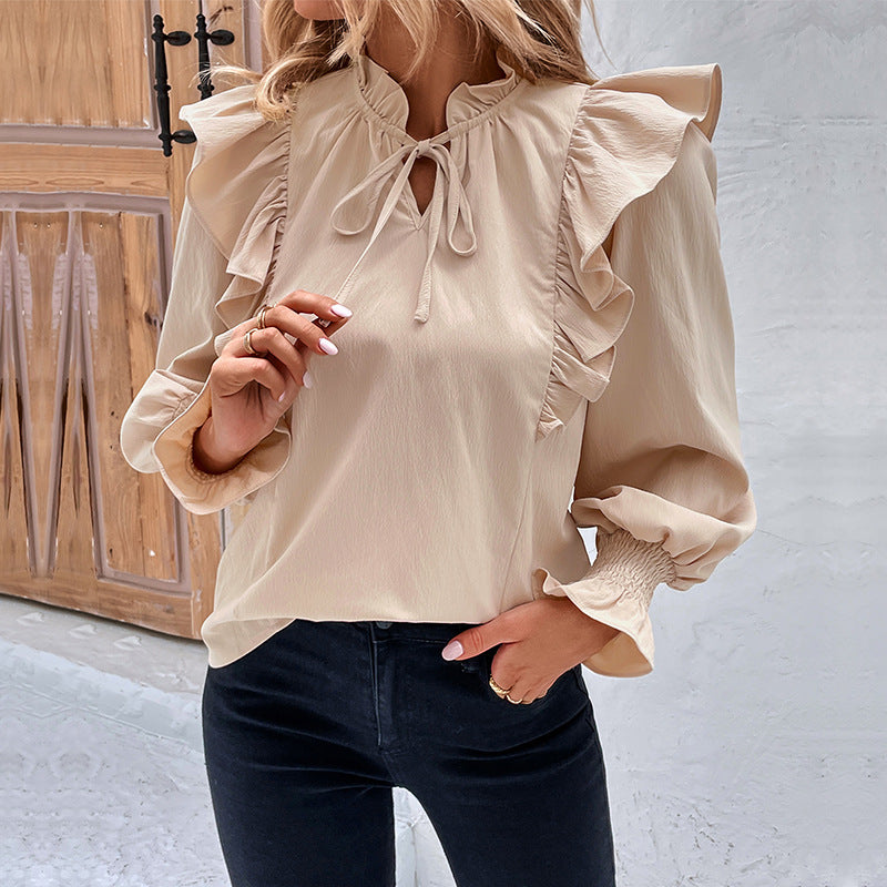 Women's Elegant Blouse with Ruffle Details and Tie Neck